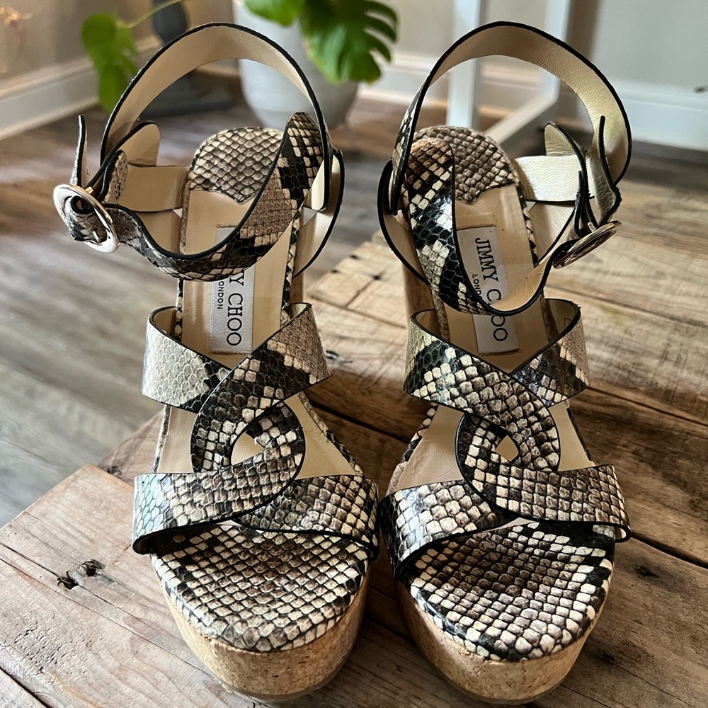 Jimmy Choo Snake Print Cork Wedges